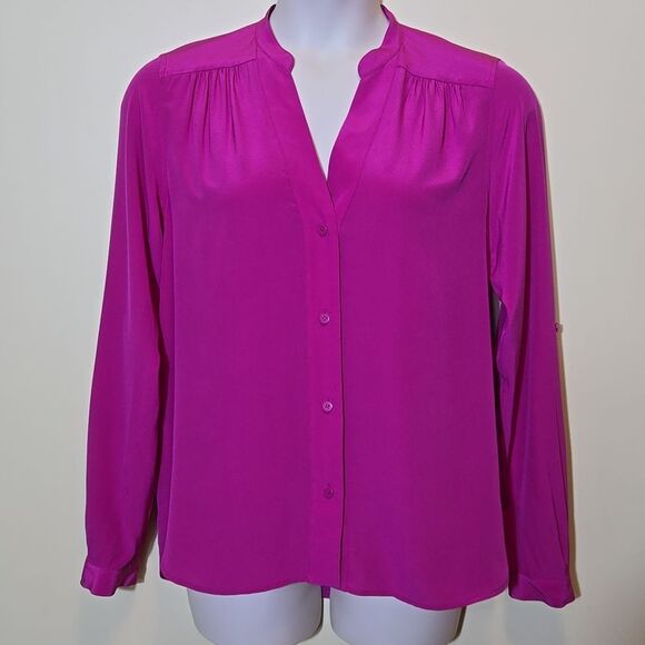 Diane Von Furstenburg Harlow Silk Blouse Top Size 12 Pink Roll Tab Button Down - Picture 2 of 16